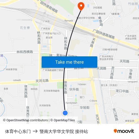 体育中心东门 to 暨南大学华文学院 接待站 map