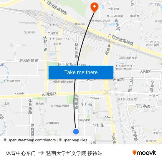 体育中心东门 to 暨南大学华文学院 接待站 map