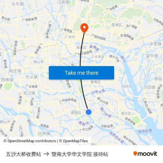 五沙大桥收费站 to 暨南大学华文学院 接待站 map