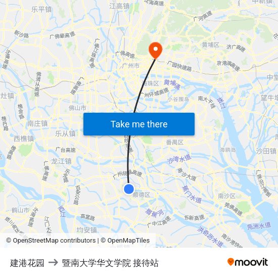 建港花园 to 暨南大学华文学院 接待站 map
