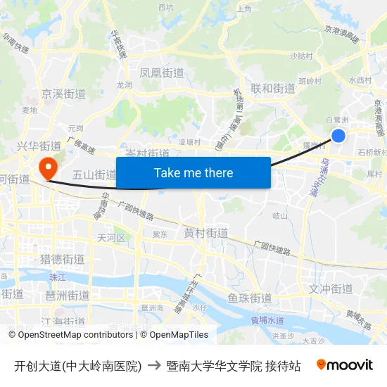 开创大道(中大岭南医院) to 暨南大学华文学院 接待站 map
