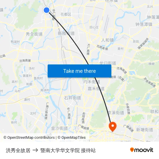 洪秀全故居 to 暨南大学华文学院 接待站 map