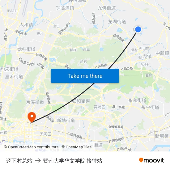 迳下村总站 to 暨南大学华文学院 接待站 map