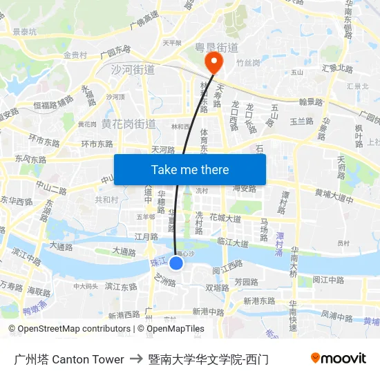 广州塔 Canton Tower to 暨南大学华文学院-西门 map