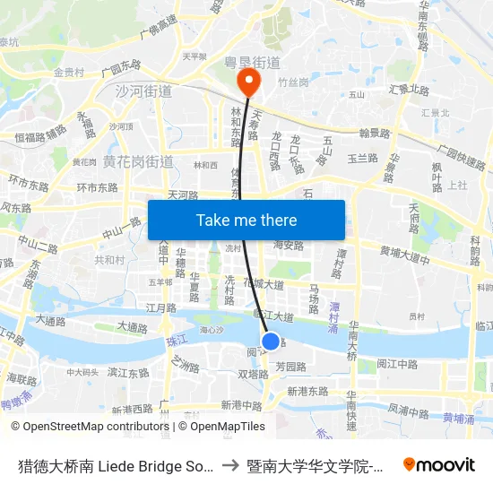 猎德大桥南 Liede Bridge South to 暨南大学华文学院-西门 map
