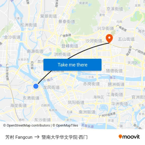 芳村 Fangcun to 暨南大学华文学院-西门 map