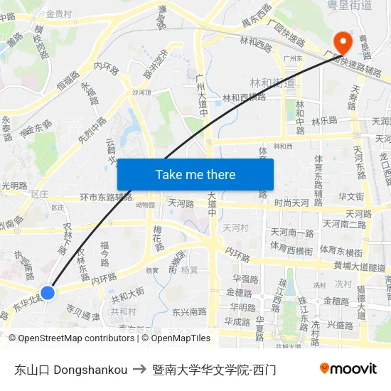 东山口 Dongshankou to 暨南大学华文学院-西门 map