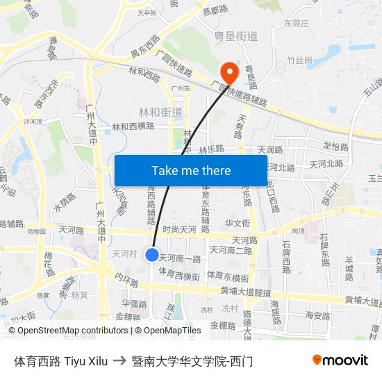 体育西路 Tiyu Xilu to 暨南大学华文学院-西门 map