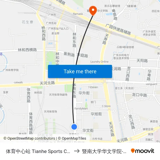 体育中心站 Tianhe Sports Center to 暨南大学华文学院-西门 map