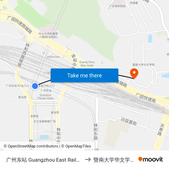 广州东站 Guangzhou East Railway Station to 暨南大学华文学院-西门 map