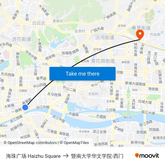 海珠广场 Haizhu Square to 暨南大学华文学院-西门 map