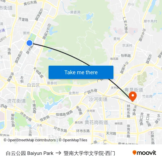 白云公园 Baiyun Park to 暨南大学华文学院-西门 map