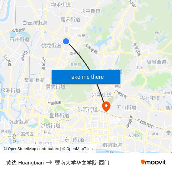 黄边 Huangbian to 暨南大学华文学院-西门 map
