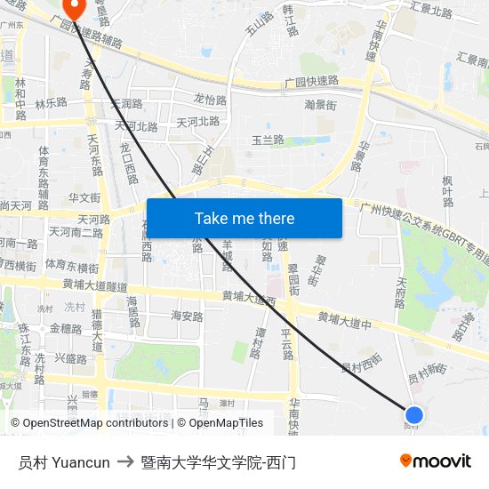 员村 Yuancun to 暨南大学华文学院-西门 map