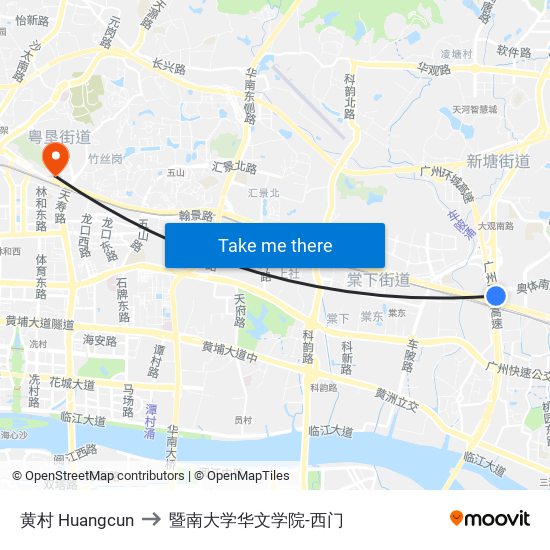 黄村 Huangcun to 暨南大学华文学院-西门 map