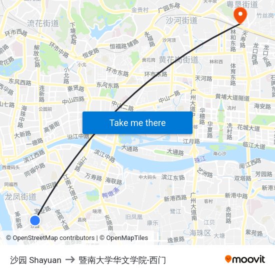 沙园 Shayuan to 暨南大学华文学院-西门 map