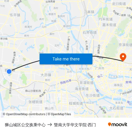狮山城区公交换乘中心 to 暨南大学华文学院-西门 map