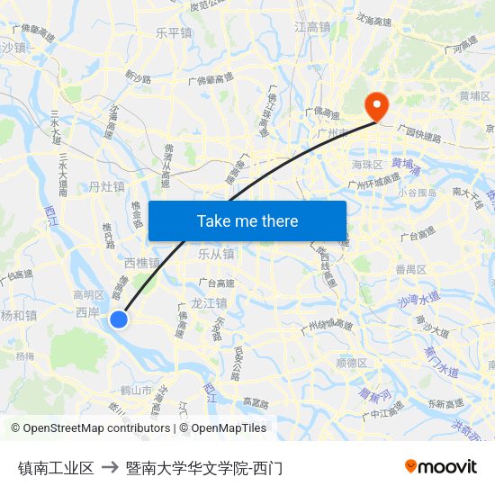镇南工业区 to 暨南大学华文学院-西门 map