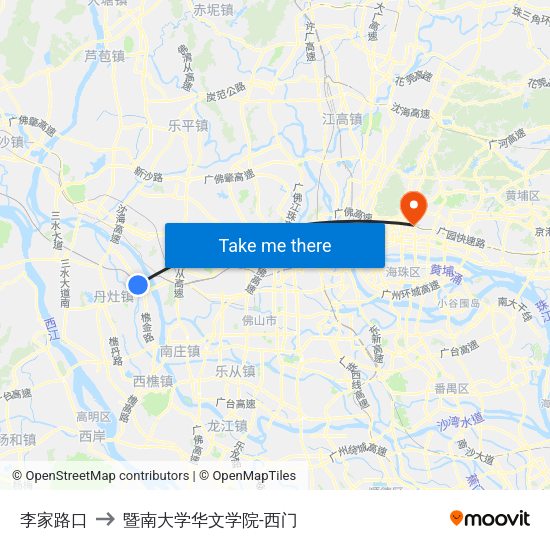 李家路口 to 暨南大学华文学院-西门 map