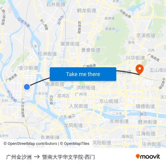 广州金沙洲 to 暨南大学华文学院-西门 map