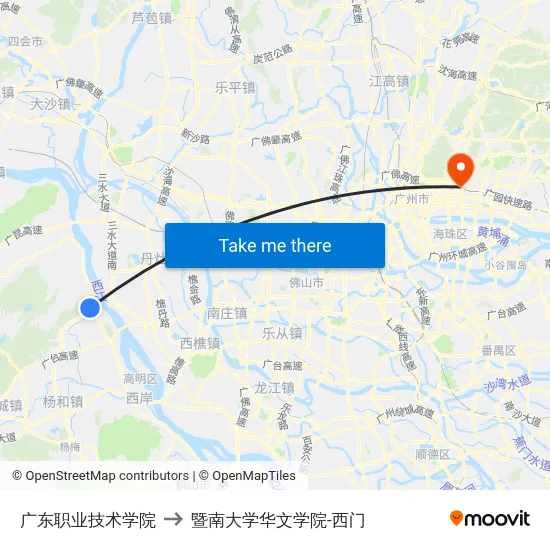 广东职业技术学院 to 暨南大学华文学院-西门 map
