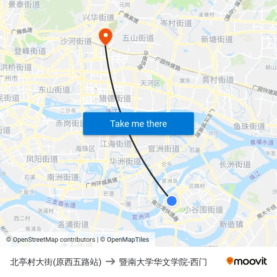 北亭村大街(原西五路站) to 暨南大学华文学院-西门 map