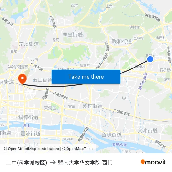 二中(科学城校区) to 暨南大学华文学院-西门 map