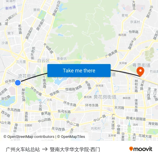 广州火车站总站 to 暨南大学华文学院-西门 map