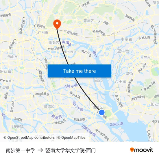 南沙第一中学 to 暨南大学华文学院-西门 map
