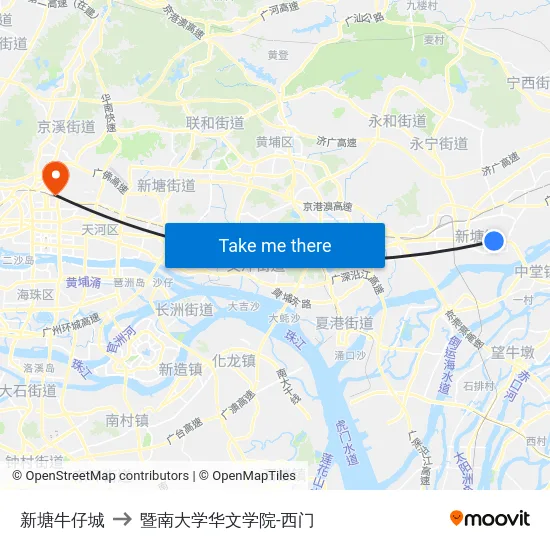 新塘牛仔城 to 暨南大学华文学院-西门 map