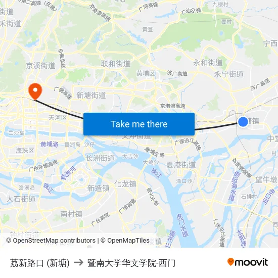 荔新路口 (新塘) to 暨南大学华文学院-西门 map