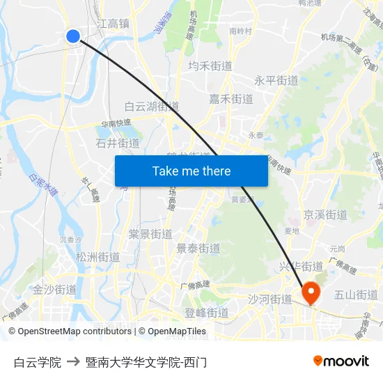 白云学院 to 暨南大学华文学院-西门 map