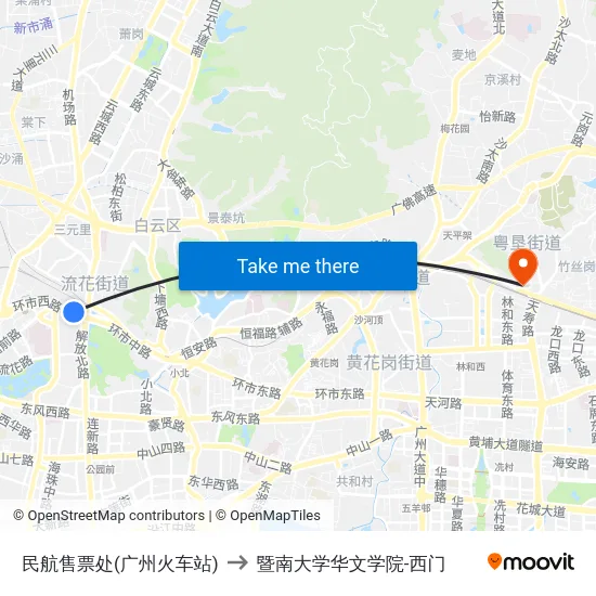 民航售票处(广州火车站) to 暨南大学华文学院-西门 map