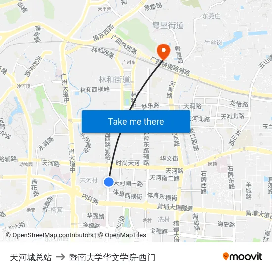 天河城总站 to 暨南大学华文学院-西门 map