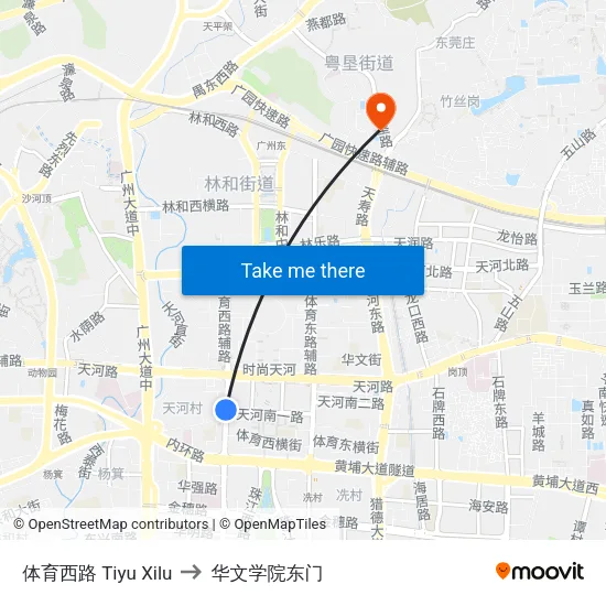 体育西路 Tiyu Xilu to 华文学院东门 map
