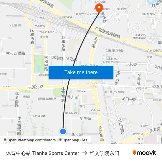 体育中心站 Tianhe Sports Center to 华文学院东门 map