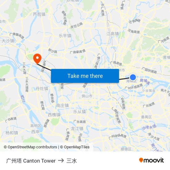 广州塔 Canton Tower to 三水 map