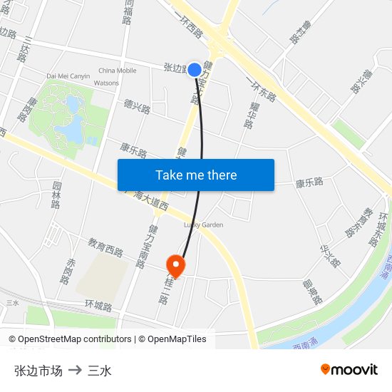 张边市场 to 三水 map