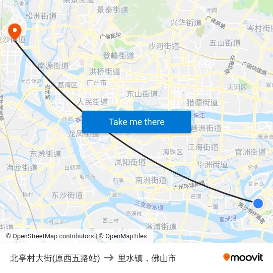 北亭村大街(原西五路站) to 里水镇，佛山市 map