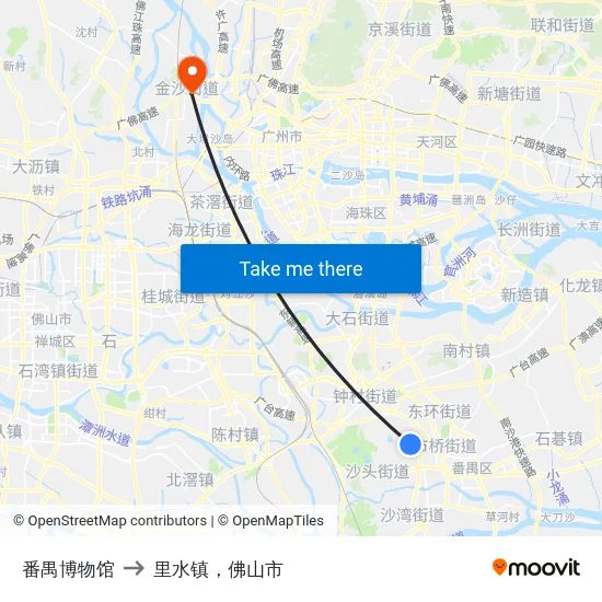 番禺博物馆 to 里水镇，佛山市 map