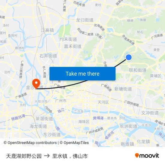天鹿湖郊野公园 to 里水镇，佛山市 map