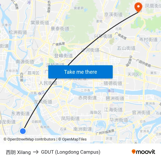 Xilang to GDUT (Longdong Campus) map