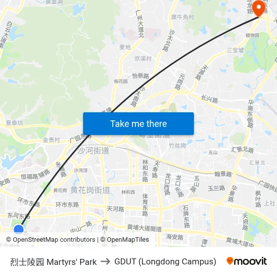 烈士陵园 Martyrs' Park to GDUT (Longdong Campus) map