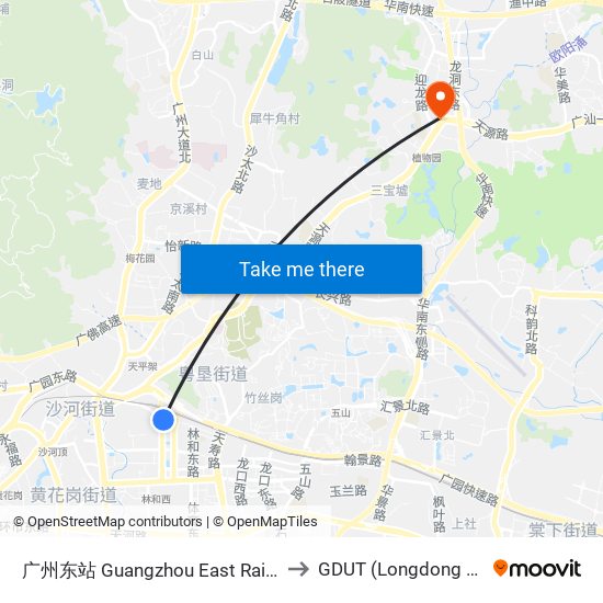 广州东站 Guangzhou East Railway Station to GDUT (Longdong Campus) map