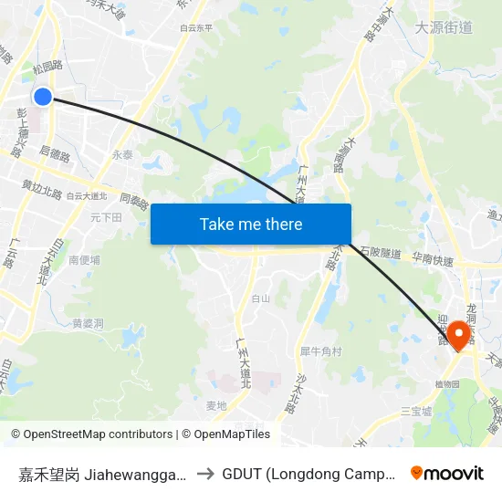 Jiahewanggang to GDUT (Longdong Campus) map