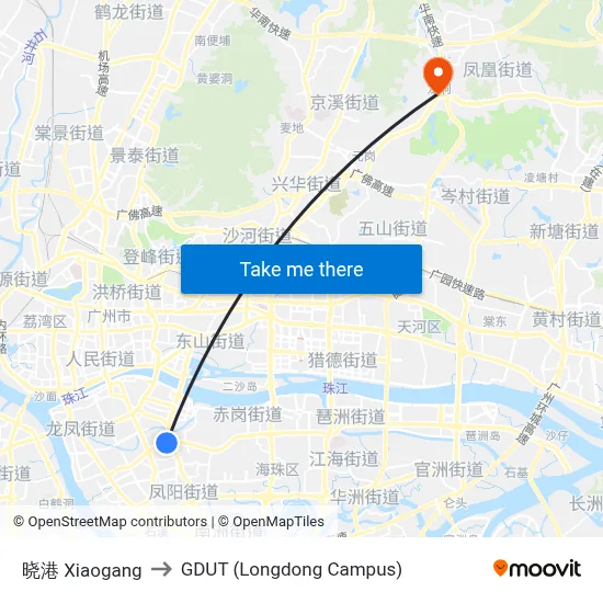 晓港 Xiaogang to GDUT (Longdong Campus) map