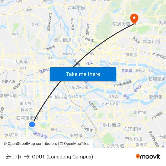 New No.3 Middle School to GDUT (Longdong Campus) map