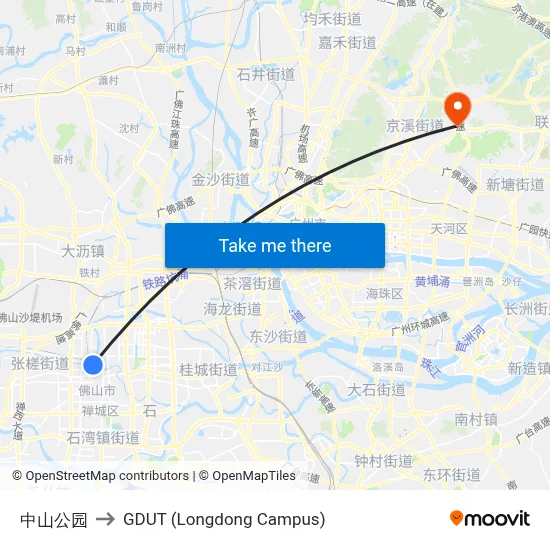 中山公园 to GDUT (Longdong Campus) map