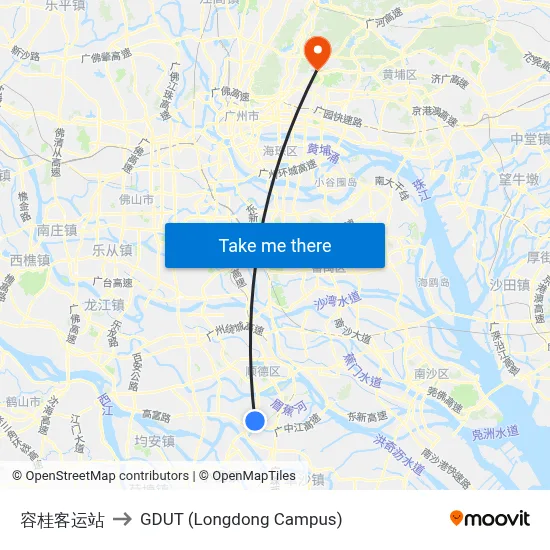Ronggui Bus Station to GDUT (Longdong Campus) map