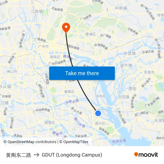 Huangge East 2nd Road to GDUT (Longdong Campus) map